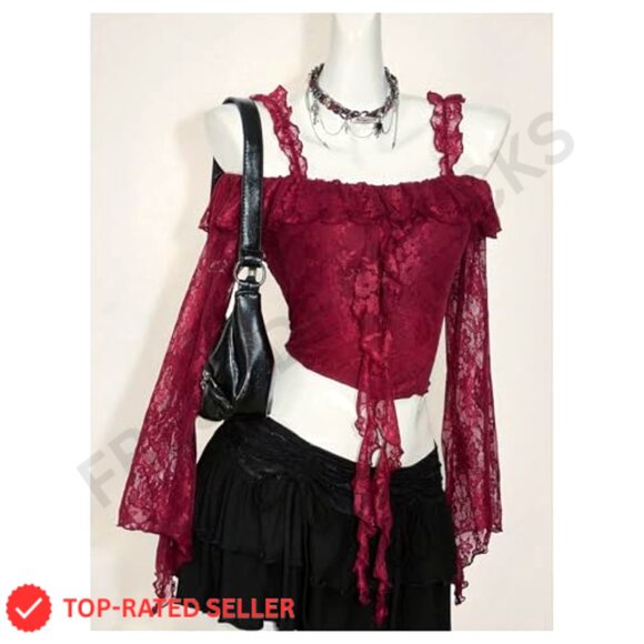 Lace Bell Sleeve Ruffle Backless Boho Crop Top Y2K Chic Tee Shirt - Picture 5 of 6
